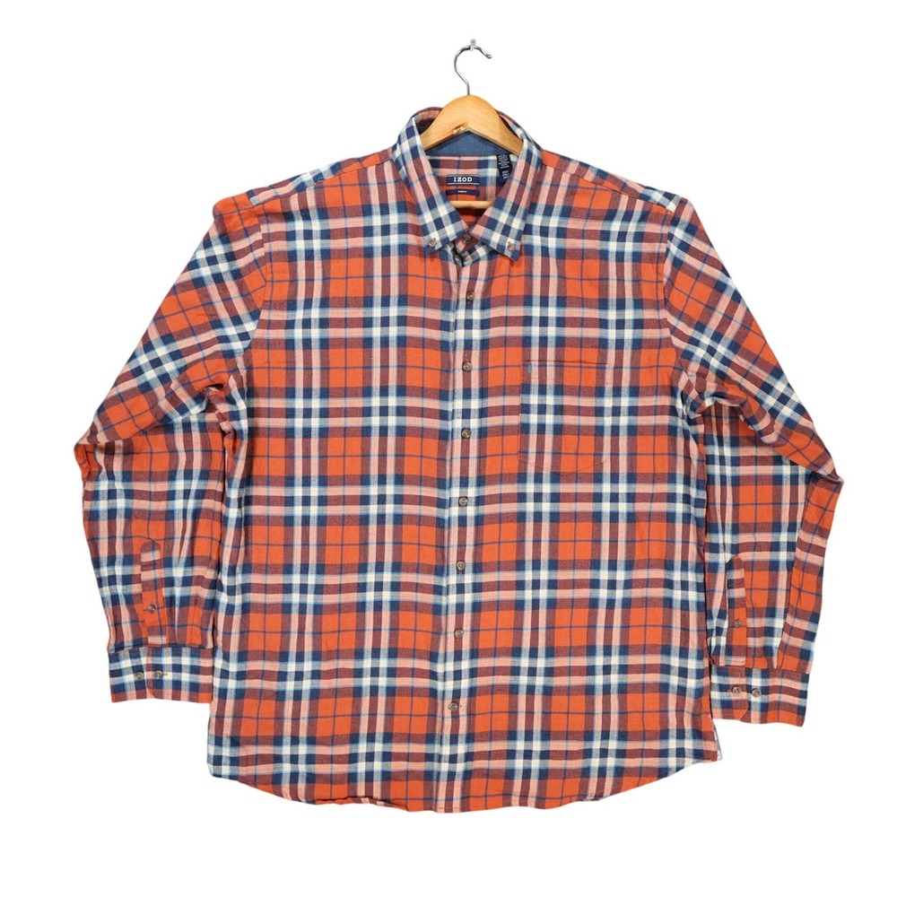 IZOD Button Down Mens 3XLT Orange Excellent Plaid Flannel